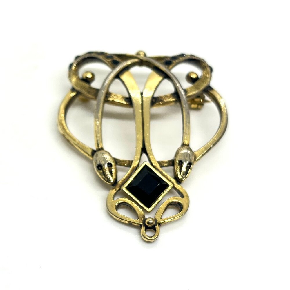 VINTAGE ART NOUVEAU REVIVAL SNAKE SERPENT BROOCH GOLD TONE BLACK GLASS GOTHIC